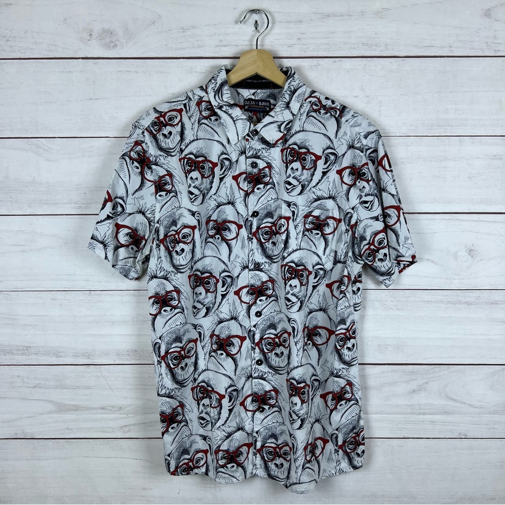 Baja Llama Monkey Button Short Sleeve Shirt Large